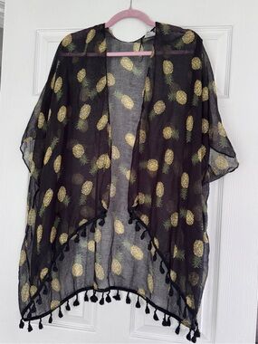 Black Pineapple Print Sheer Beach Coverup